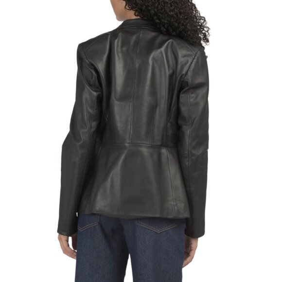 COLE HAAN Black Lambskin Leather Wing Collar Jacket - Picture 2 of 2